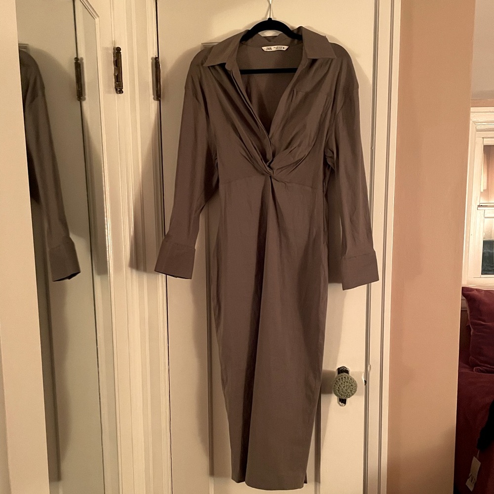 Zara Linen Blend Twist-Front Dress Size L